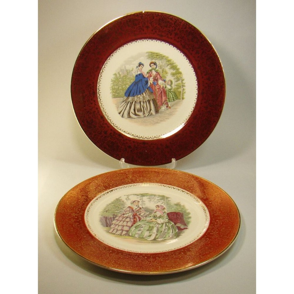 Two 23 Karat Gold trim Vintage Salem Victorian Women Dinner Plates